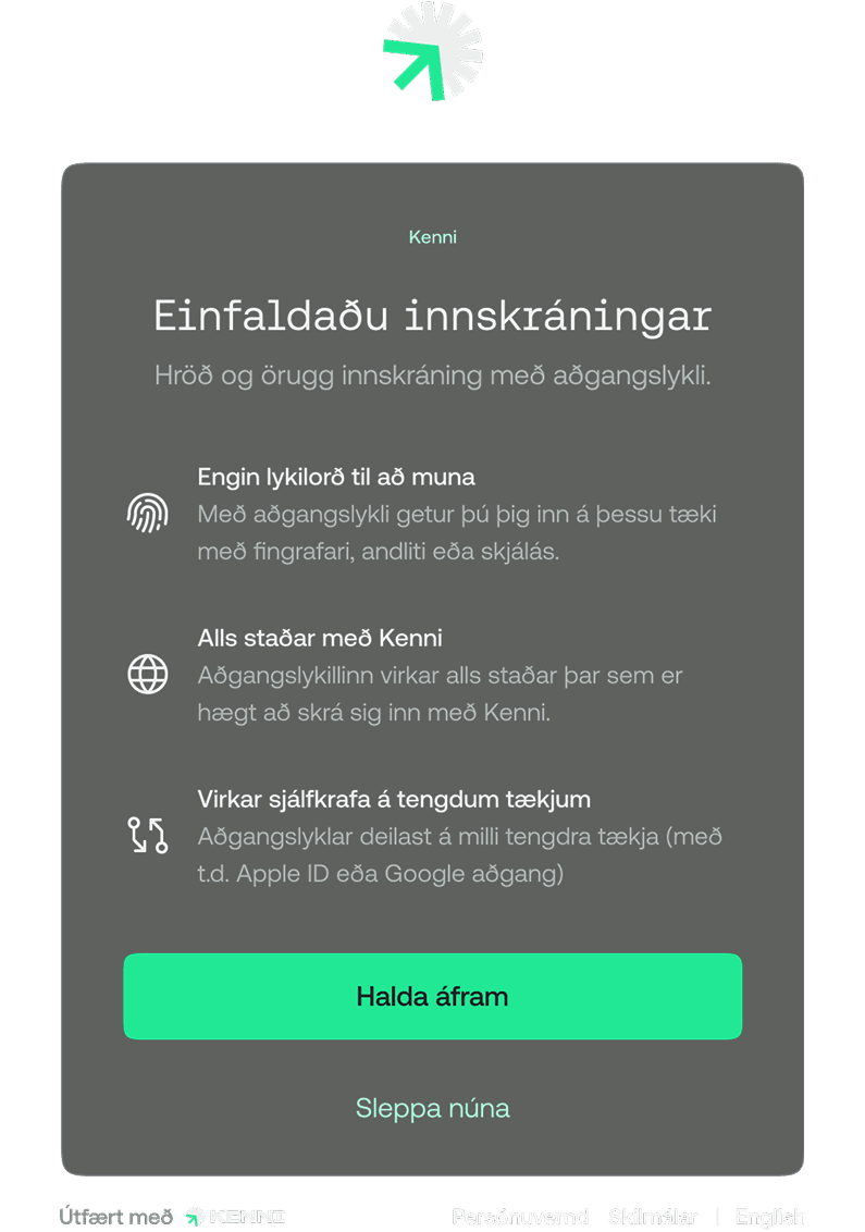 Skjáskot af innskráningar glugga